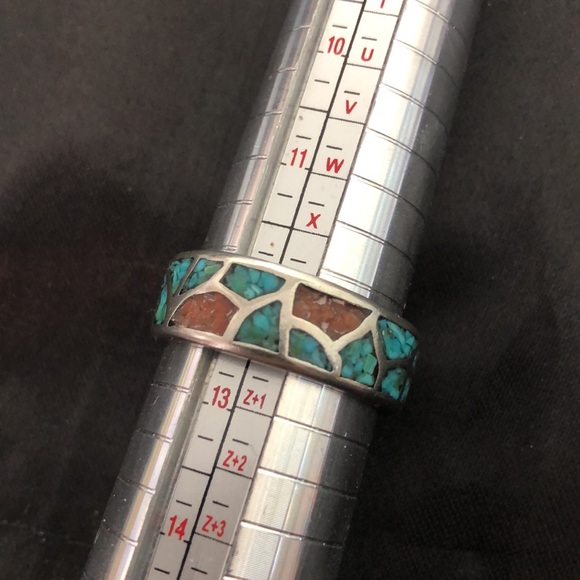Southwest Native Sterling Silver Crushed Turquoise Coral Mosaic Ring Sz 12-1/2 - Picture 15 of 17